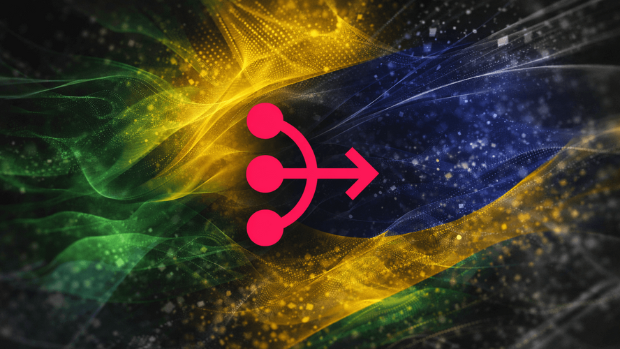 bandeira estilizada do brasil com uma flecha moderna que representa o revops