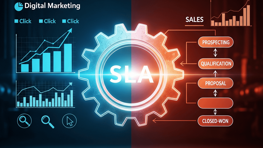 Diagrama de Smarketing B2B com duas engrenagens (Marketing e Vendas) interligadas por um Acordo de Nível de Serviço (SLA), simbolizando a integração de processos para um funil de receita previsível.