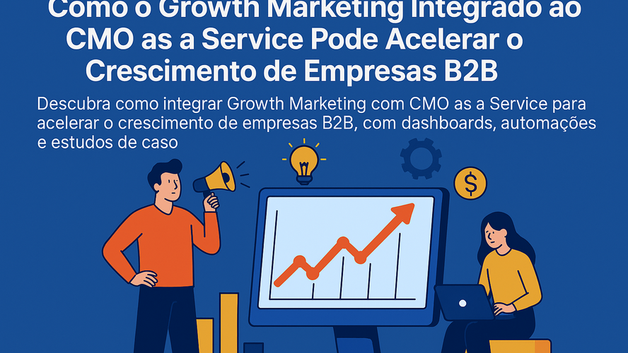 Ilustração digital em estilo flat mostrando profissionais interagindo com gráficos e dashboards, simbolizando estratégias de Growth Marketing e CMO as a Service para empresas B2B.