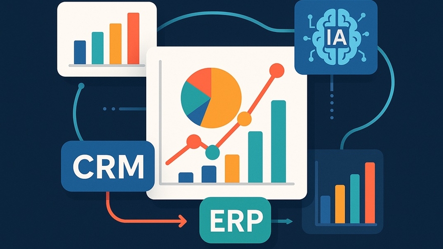 Ilustração colorida mostrando gráficos de barras, linhas e pizza conectados por setas representando a integração entre CRM, ERP e IA em um dashboard de performance de marketing.