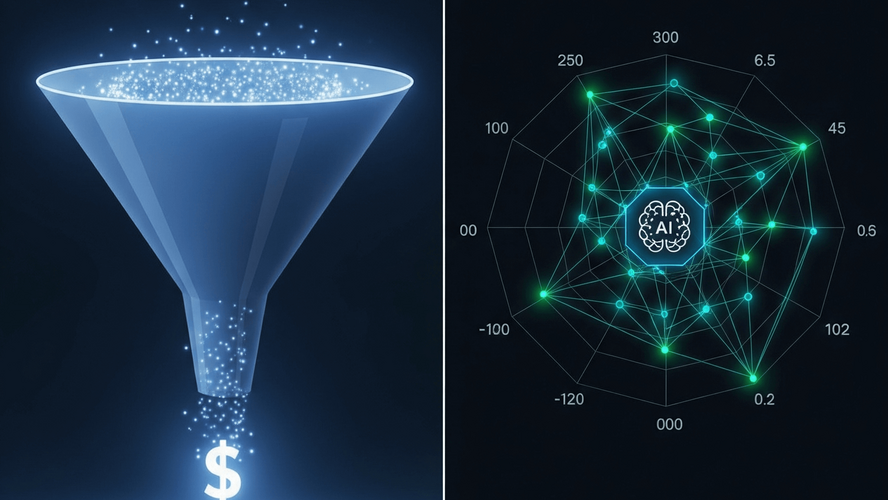 Visualização de um funil de vendas B2B, com leads caindo no topo e um cifrão de dólar no final, dividido por um gráfico de Lead Scoring por IA, com dados de radar e pontos de previsão, simbolizando a previsibilidade e otimização de vendas industriais.