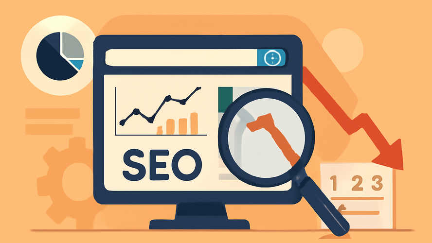 Ilustração digital em estilo flat mostrando uma tela de computador com gráficos SEO e uma lupa focada em uma seta vermelha para baixo, representando desafios de visibilidade e queda nos rankings.