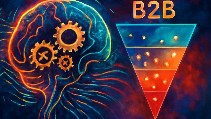 Um cérebro robótico brilhante com engrenagens visíveis e linhas de dados fluindo, representando inteligência artificial, superponto um gráfico de funil de vendas B2B com pontos de luz indicando leads qualificados. O logo da 